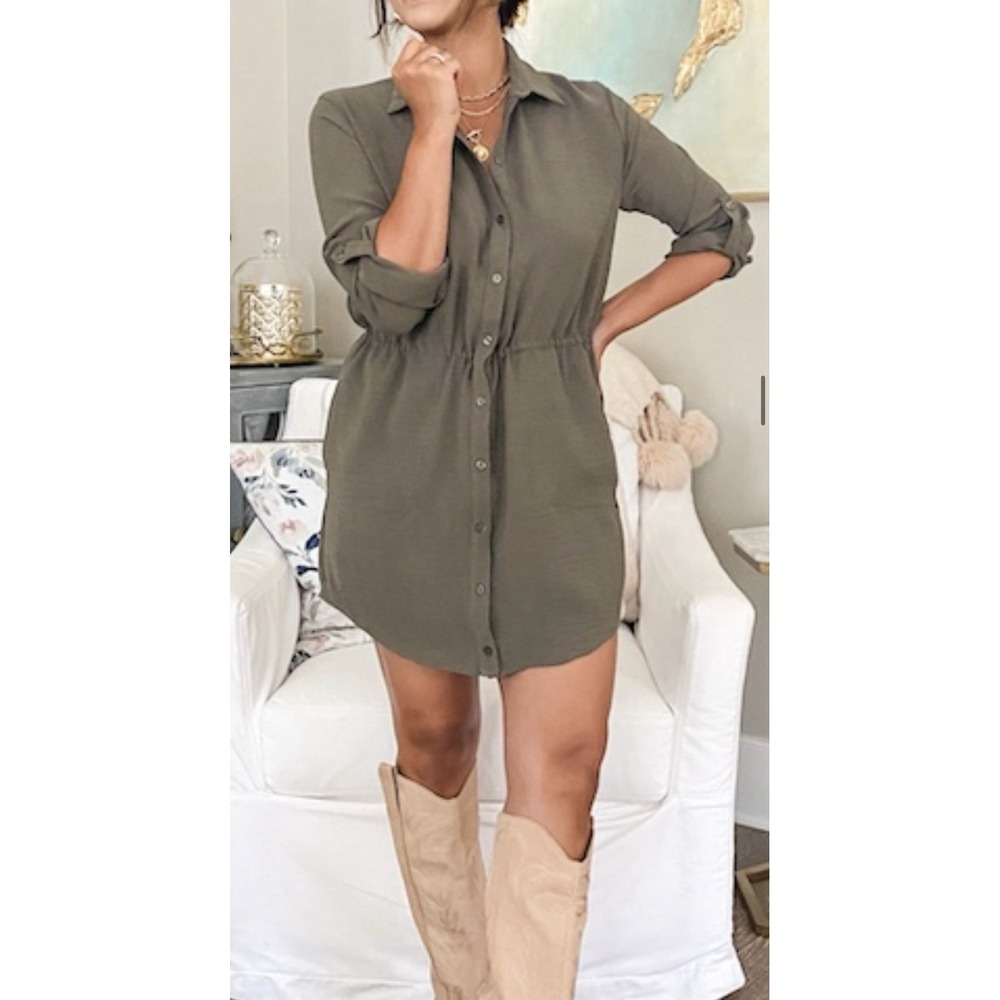Gibson Look Dress Size L Jennifer Roll Tab Shirt Dress with Drawcord Waistband